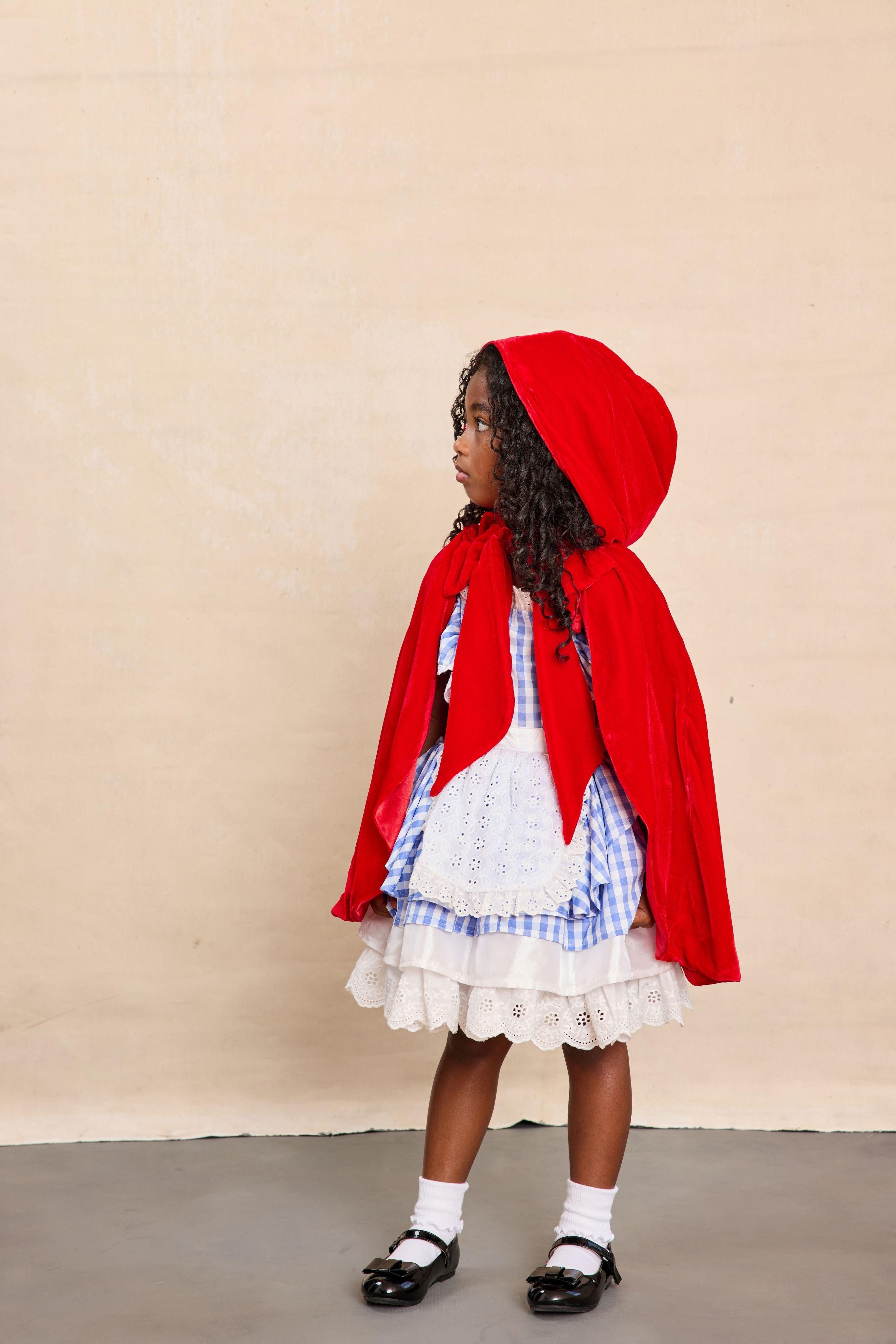 red dress white hood Red Riding Hood Dress with attached Apron For Girls 7-8 years
