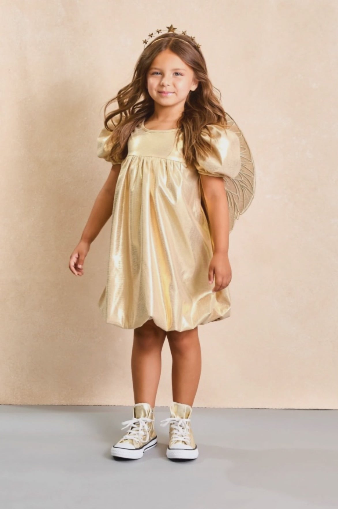Buy the Childrens Gold Holiday Vintage Angel Dress and Wings Set for Girls - Premium Kids Christmas Outfits by Chasing Fireflies