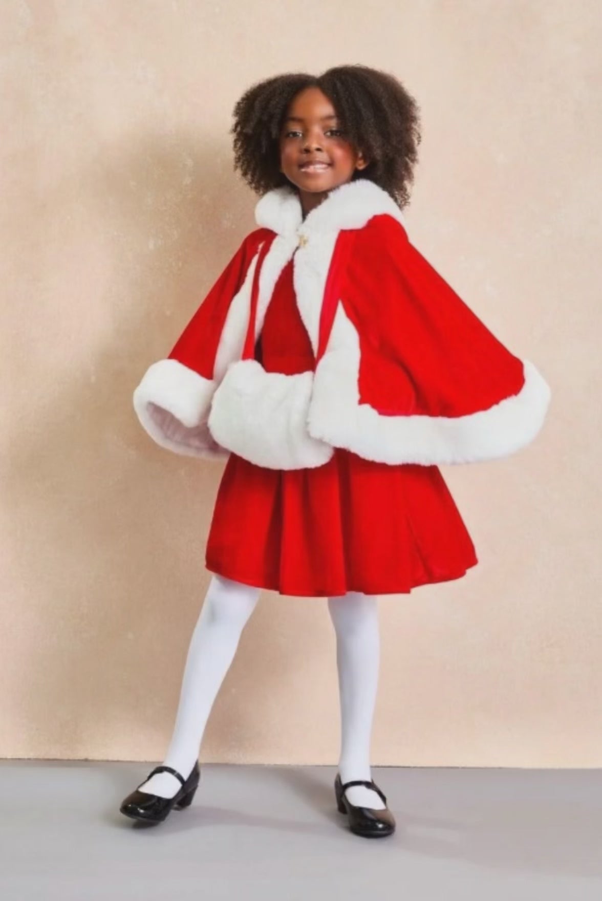 Girls Mrs. Claus Holiday Cape and Hand Muff Set with Red Velvet Dress for Kids Chasing Fireflies chasing-fireflies.com