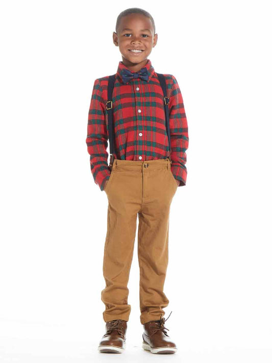 Boys Plaid Flannel Shirt, Twill Pants, Suspenders & Bow Tie 4pc Set