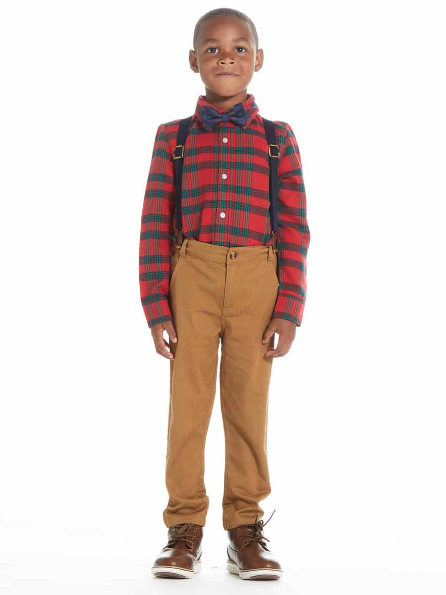 Boys Plaid Flannel Shirt, Twill Pants, Suspenders & Bow Tie 4pc Set