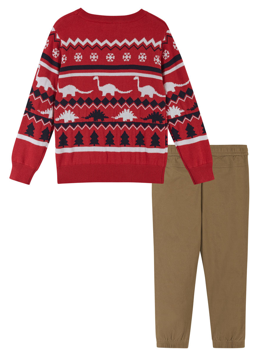 Boys Red Dino Jacquard Holiday Sweater & Jogger Set