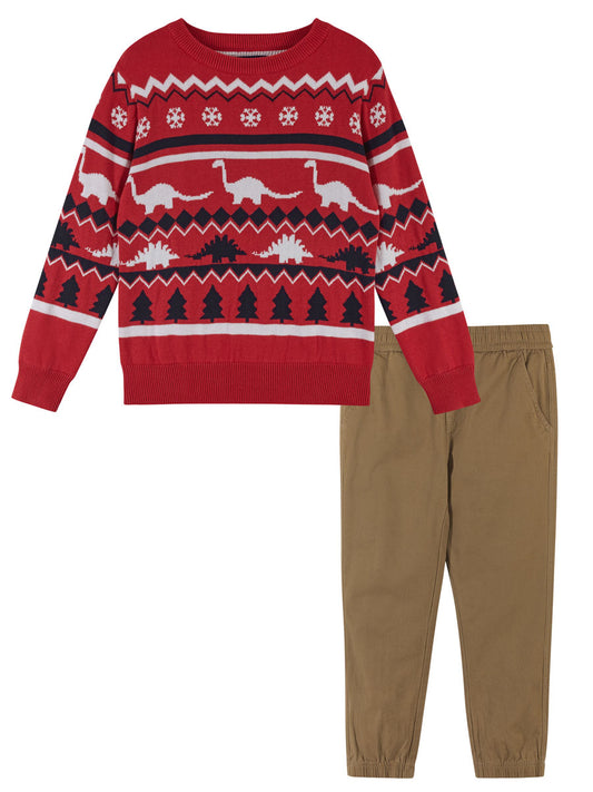 Boys Red Dino Jacquard Holiday Sweater & Jogger Set