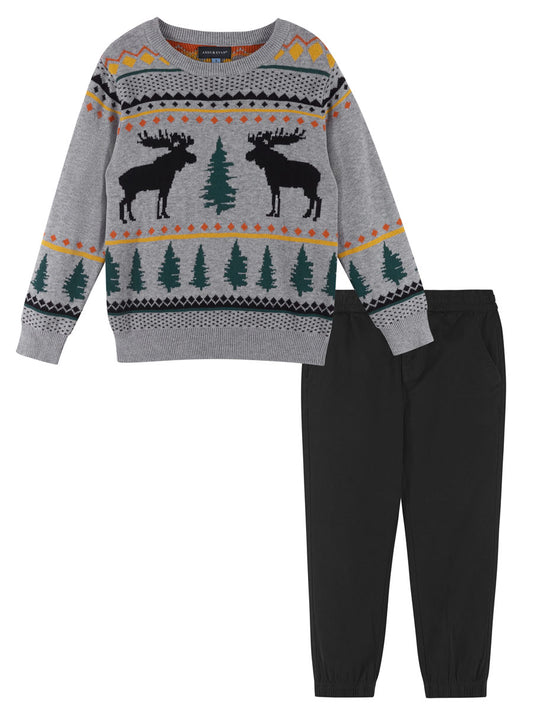 Boys Grey Moose Jacquard Holiday Sweater & Jogger Set