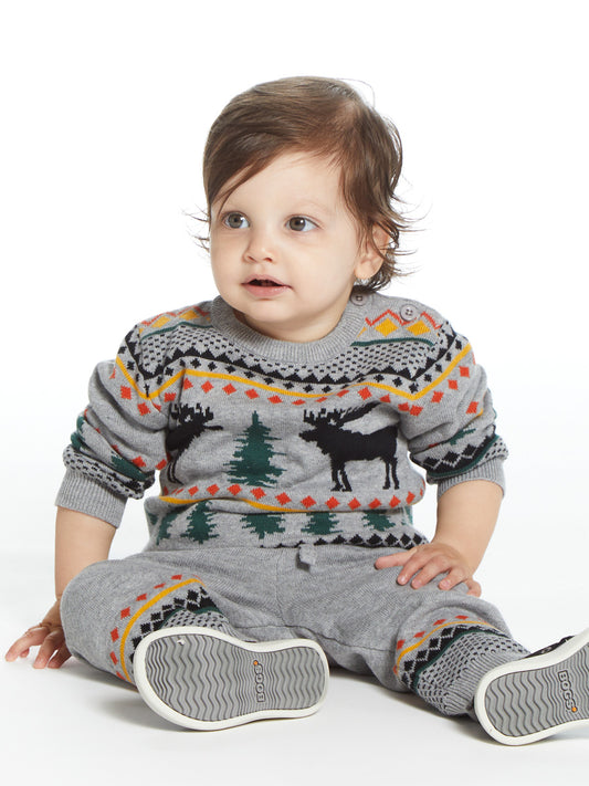 Boys Grey Moose Jacquard Sweater & Pants Set