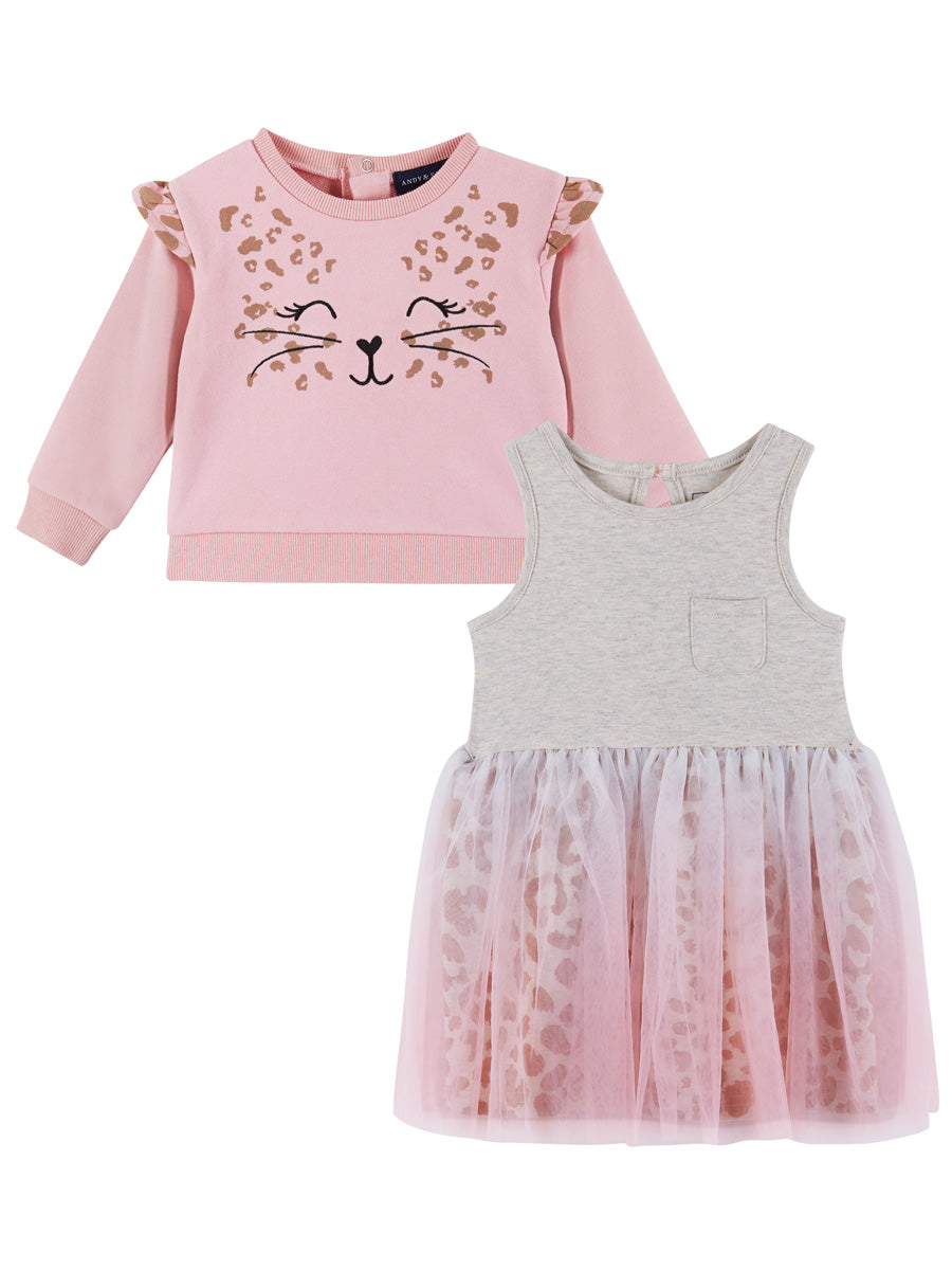 Pink Leopard Print 2-Piece Sweatshirt & Dress Set