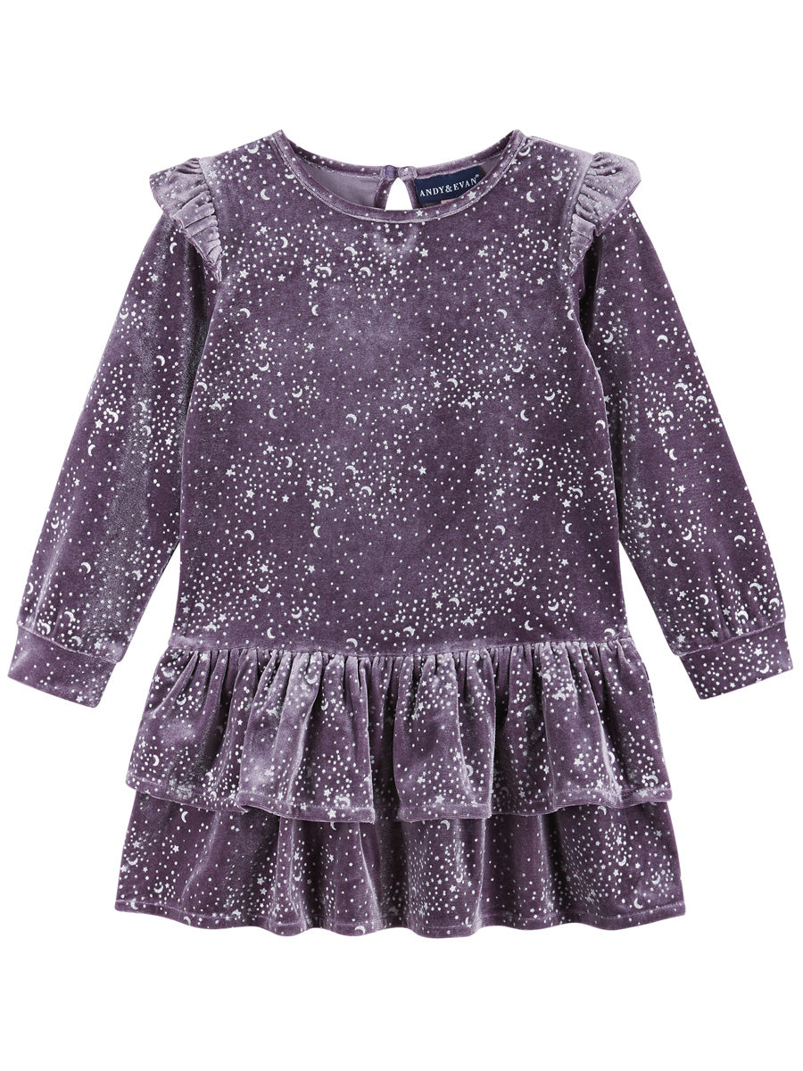 Girls Star Print Dropwaist Dress with Ruffle Skirt