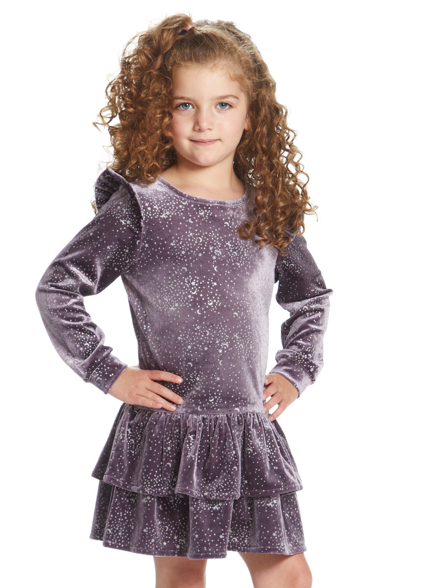 Girls Star Print Dropwaist Dress with Ruffle Skirt