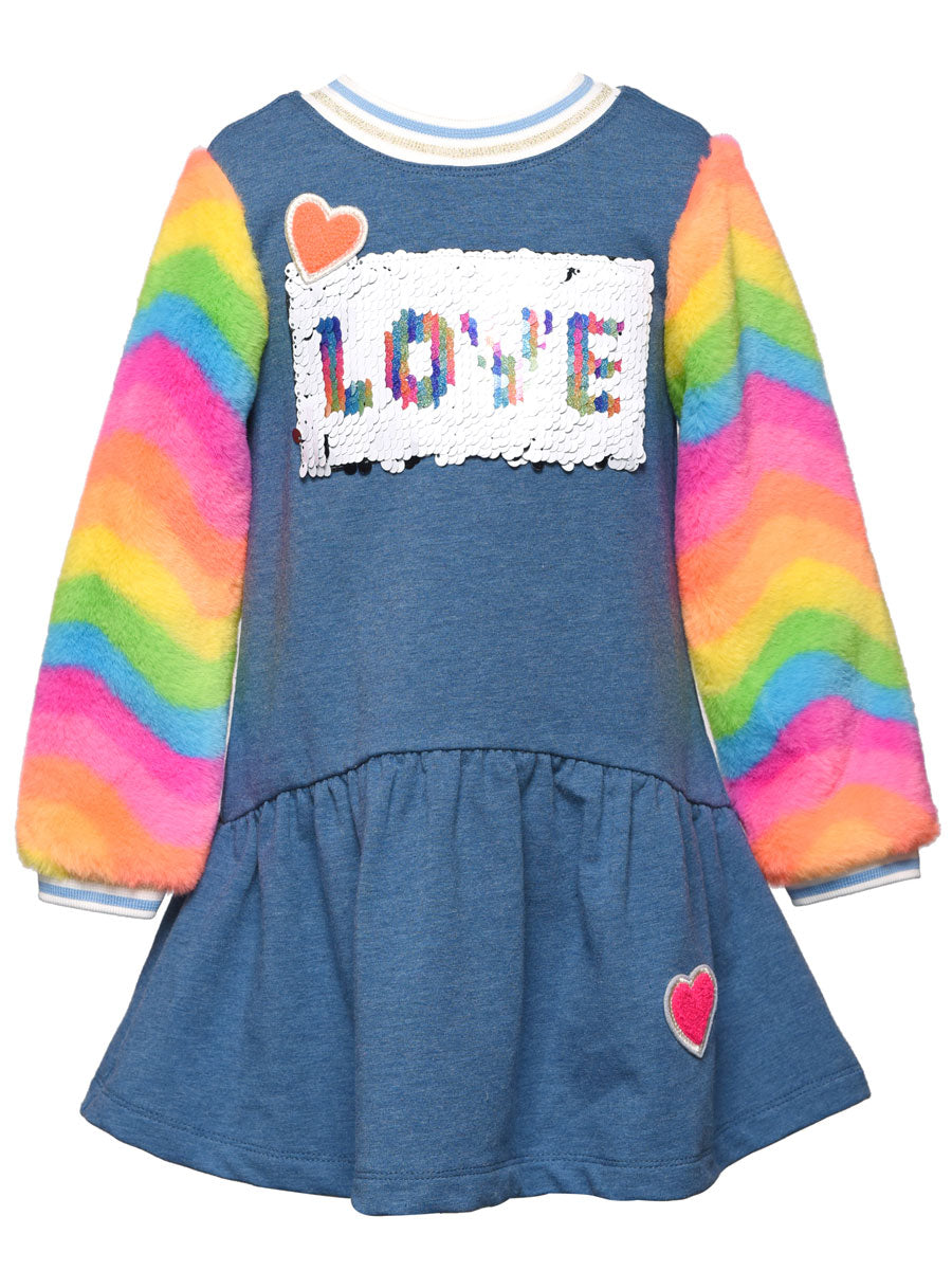 Rainbow Faux Fur Sleeve Dress with Sequins