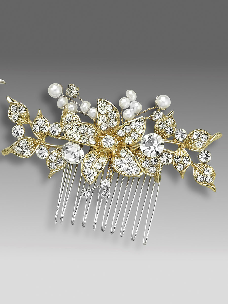 Pearl & Crystal Floral Comb