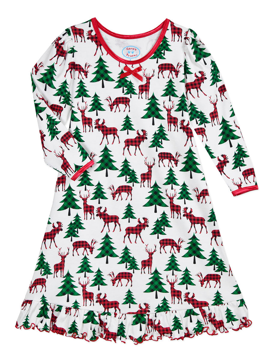 Girls Plaid Deer Puffed Sleeve Nightgown