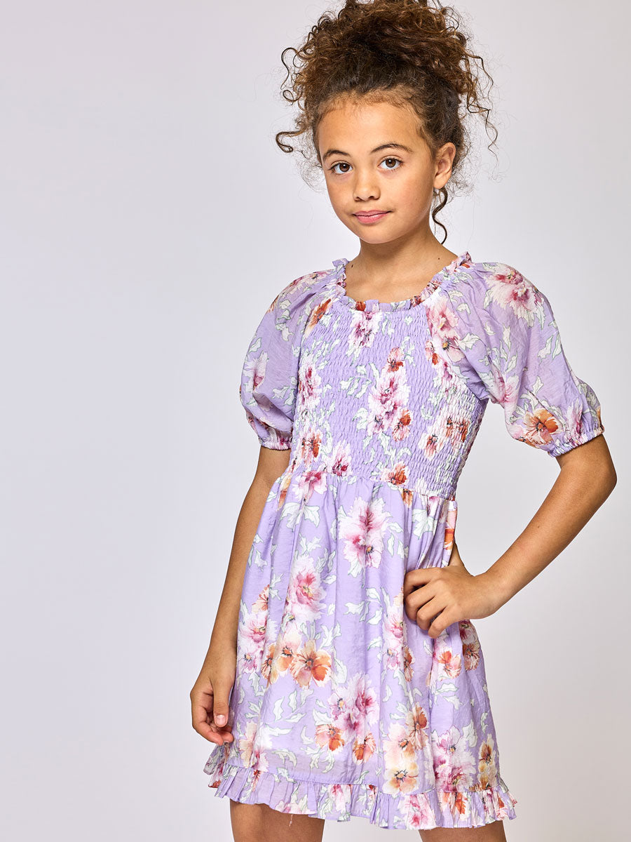 Floral Print Peasant Style Lavender Dress