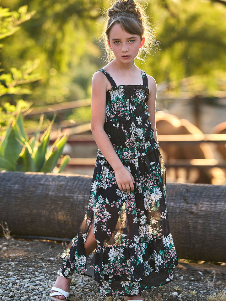 Floral Printed Black Patio Dress