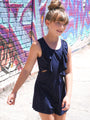 Navy Knit Romper with Cascading Ruffles