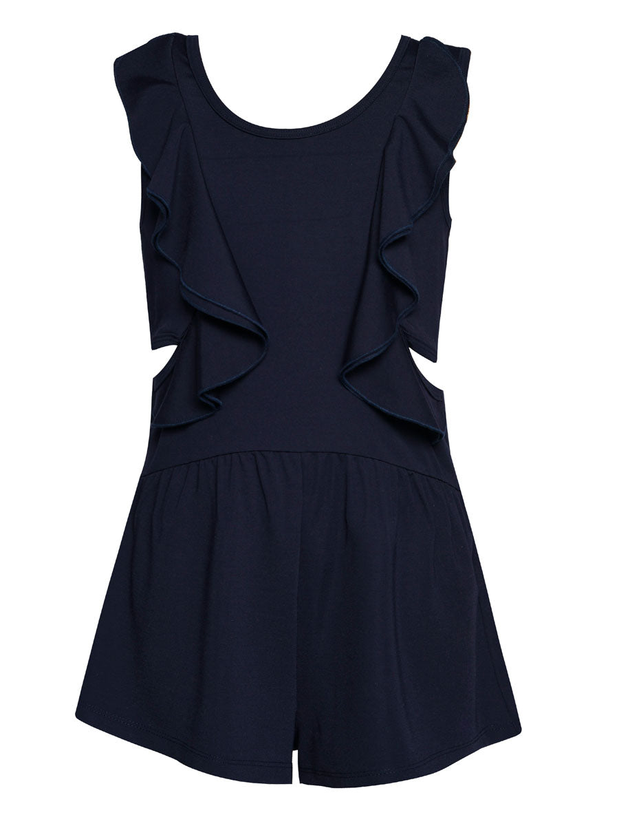 Navy Knit Romper with Cascading Ruffles
