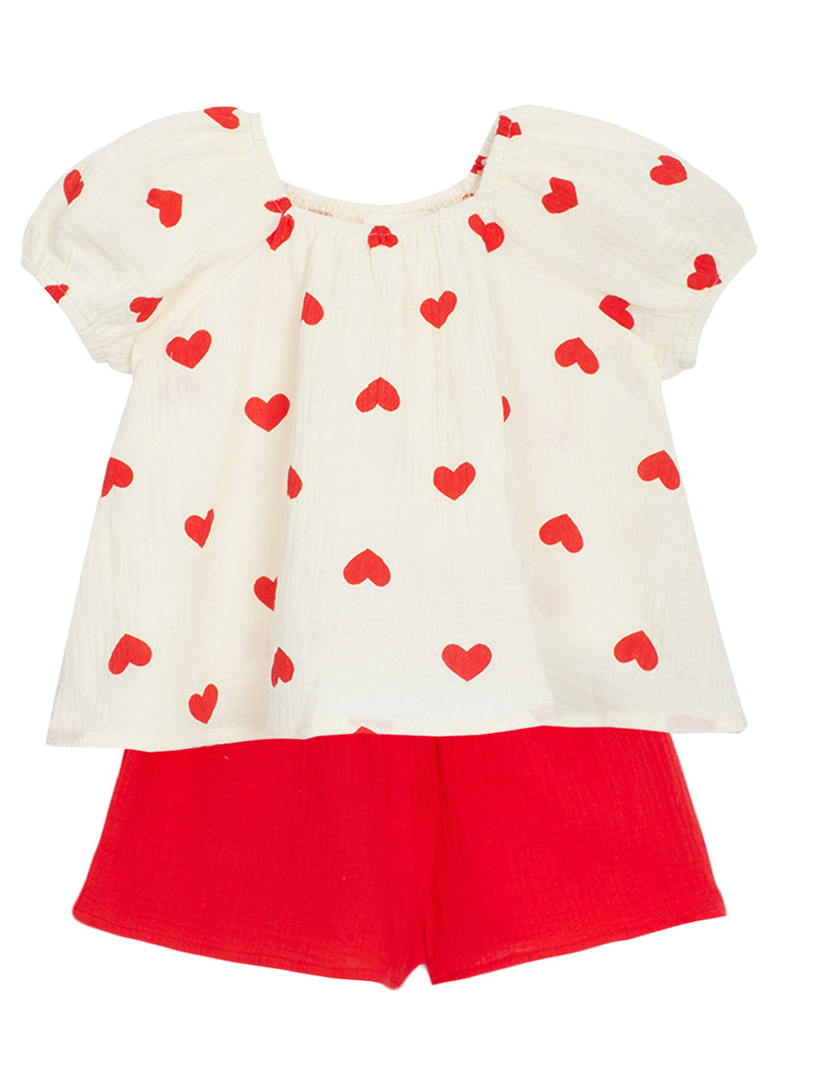 Sweet Hearts Cotton Gauze Shorts & Top 2-Piece Set