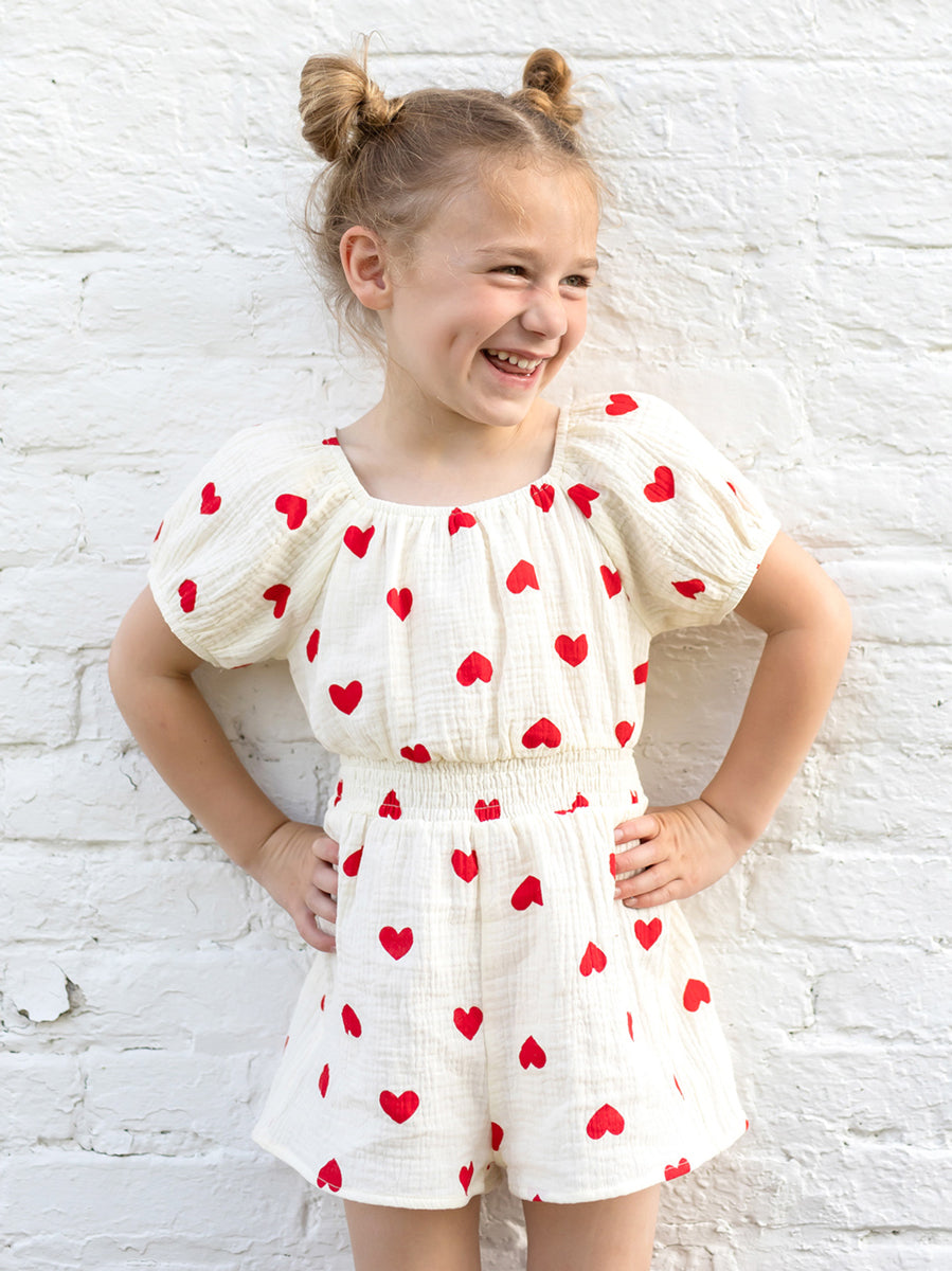 Girls Sweet Hearts Cotton Gauze Romper