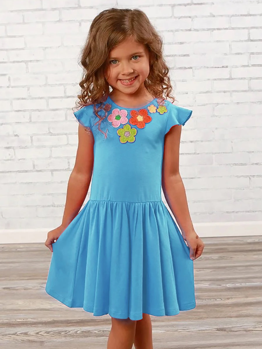 Girls Scuba Blue Floral Spring Day Dress