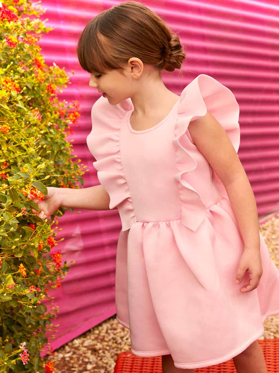 Girls Ruffle-Front Pink Scuba Dress Alt 2