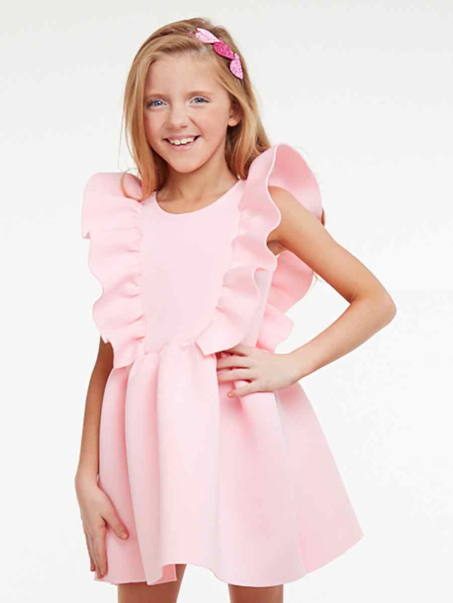Girls Ruffle-Front Pink Scuba Dress Alt 3