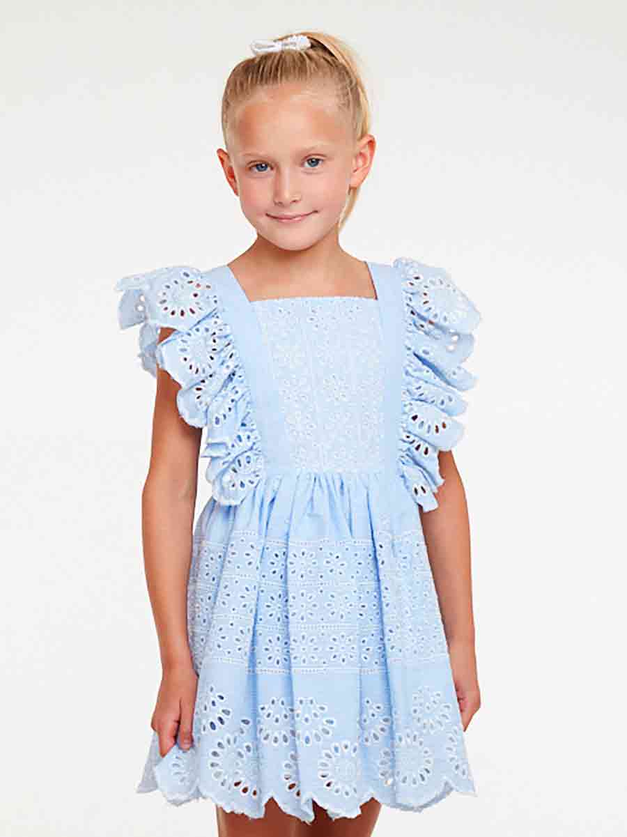 Girls Striped Embroidered Eyelet Ruffle Dress