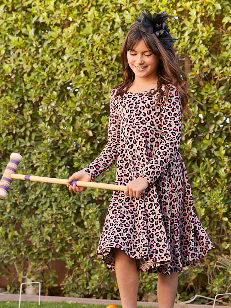 Girls Pink Leopard Print Long Sleeve Dress