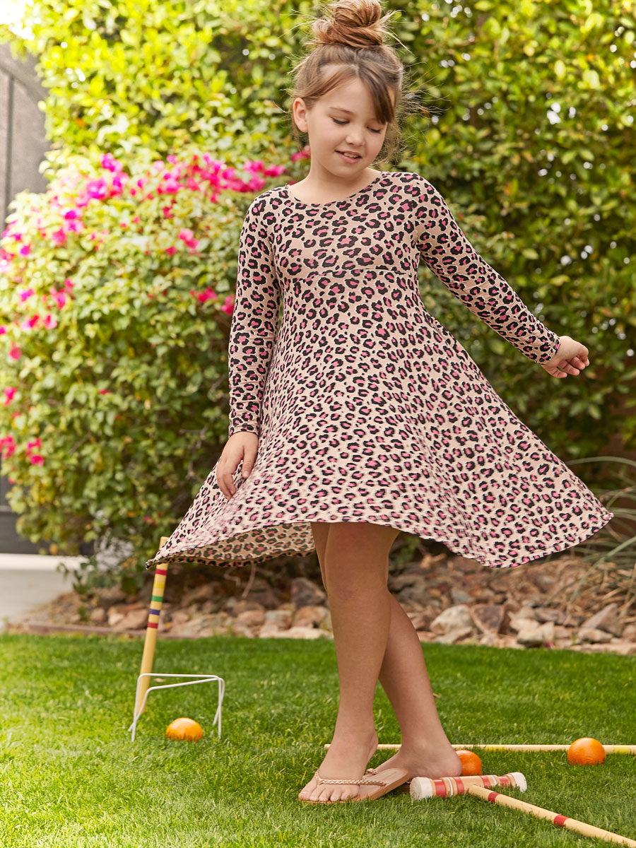 Girls Pink Leopard Print Long Sleeve Dress Alt 2
