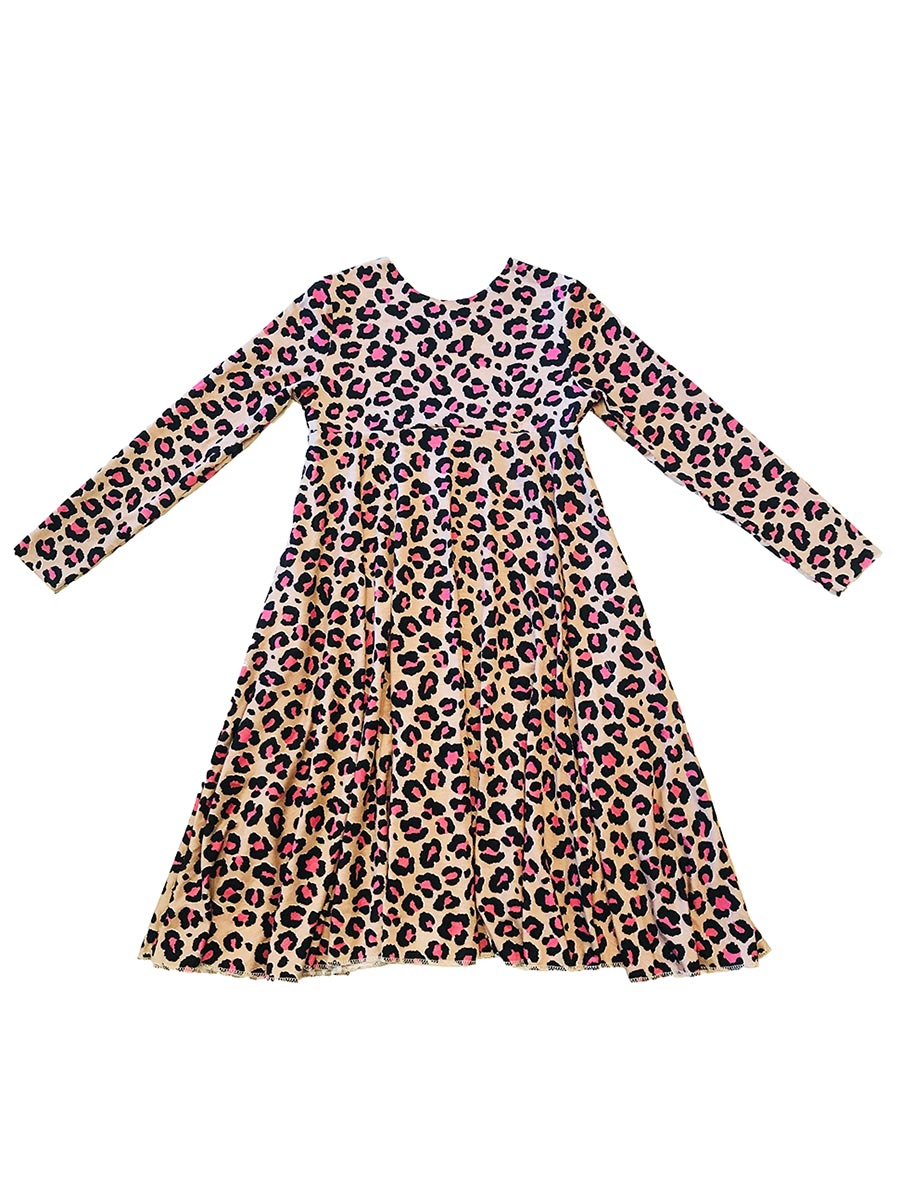 Girls Pink Leopard Print Long Sleeve Dress Front