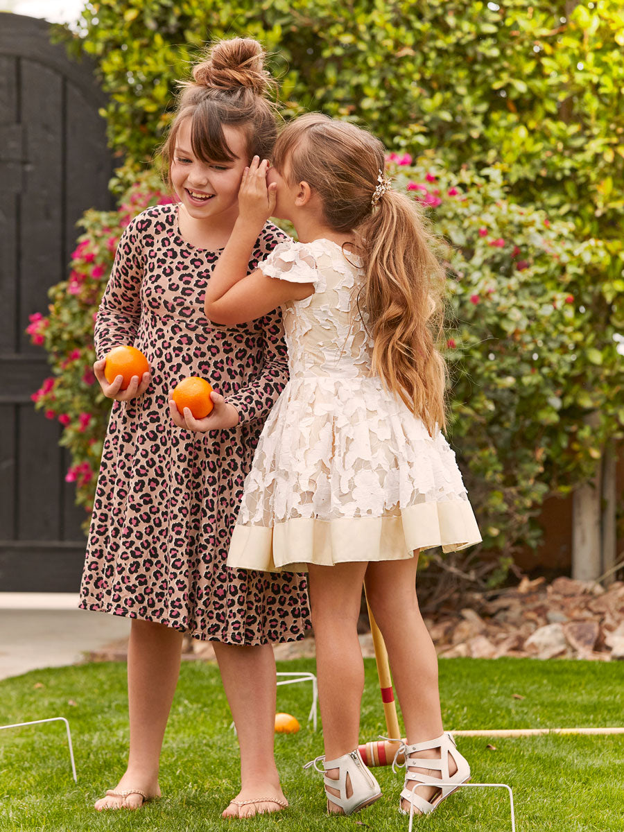 Girls Pink Leopard Print Long Sleeve Dress Alt 4