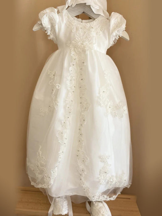 Floral Appliqué Christening Gown & Bonnet Set