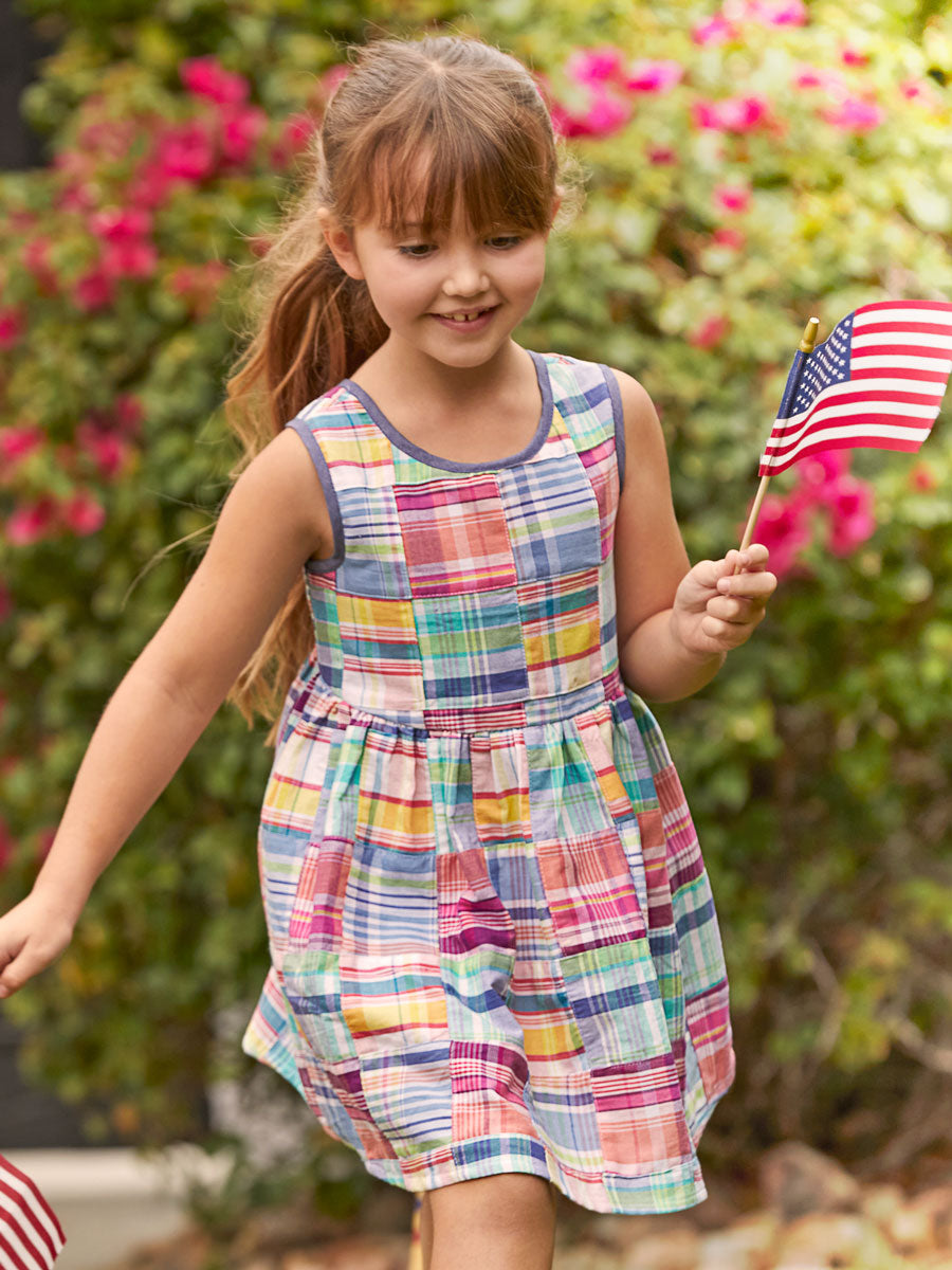 Patchwork Plaid V-Back Dress for Girls