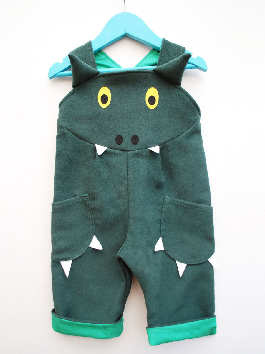 Dino Dragon Dungarees, Green Cord Front
