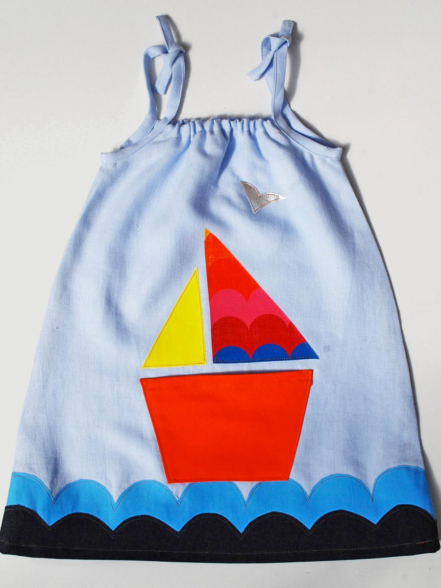 Out to Sea Pocket Pinafore Dress, Blue Linen Alt 1