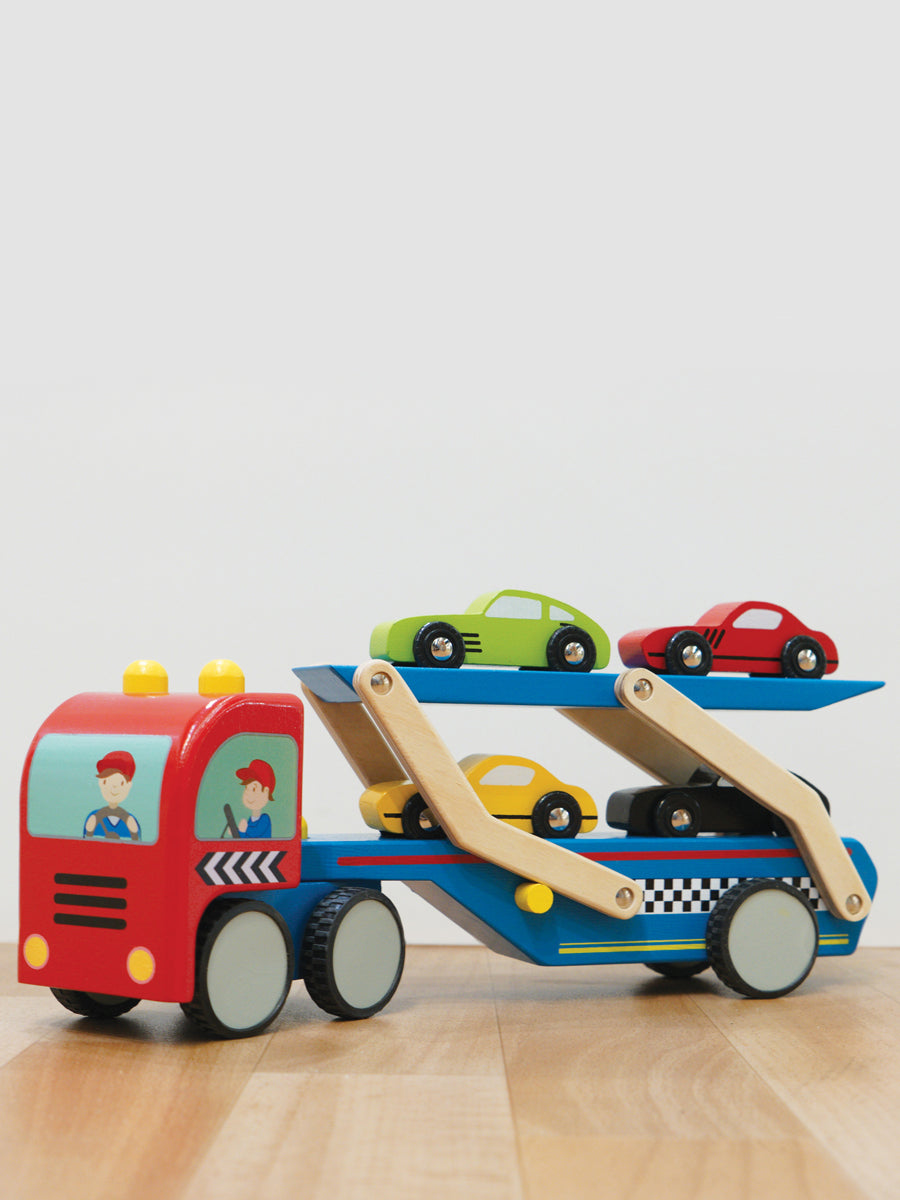 Wooden Race Cars and Transporter Toy Set