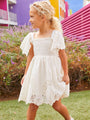 Handkerchief Sleeve Embroidered White Dress for Girls