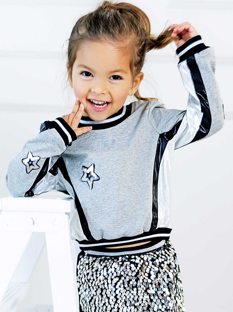Grey Sweatshirt with Metallic Stars for Girls