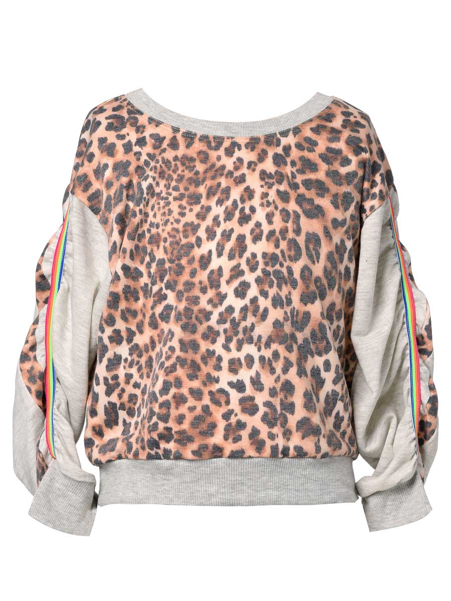 Girls Leopard Print Ruched Sleeve Sweatshirt