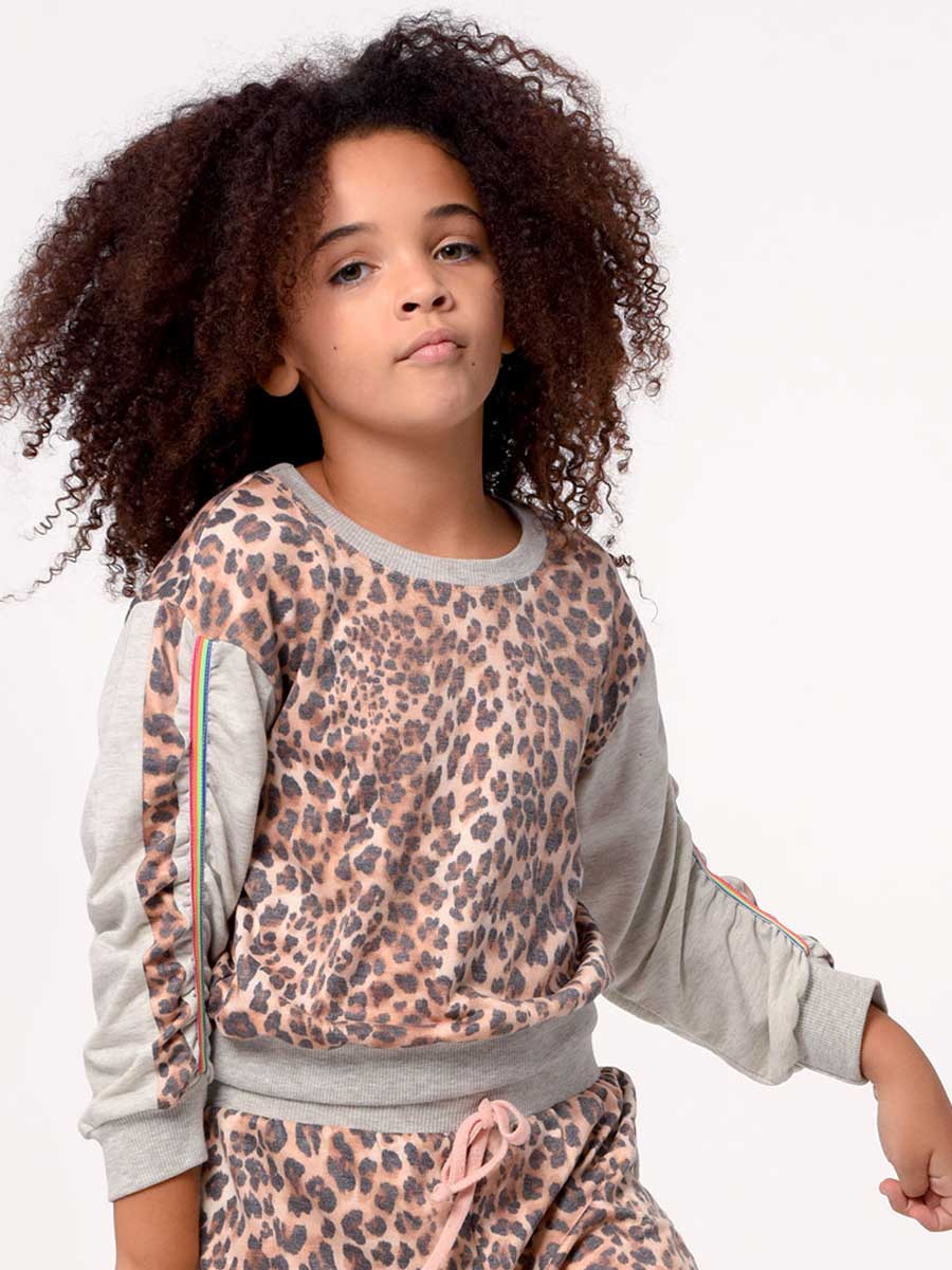 Girls Leopard Print Ruched Sleeve Sweatshirt