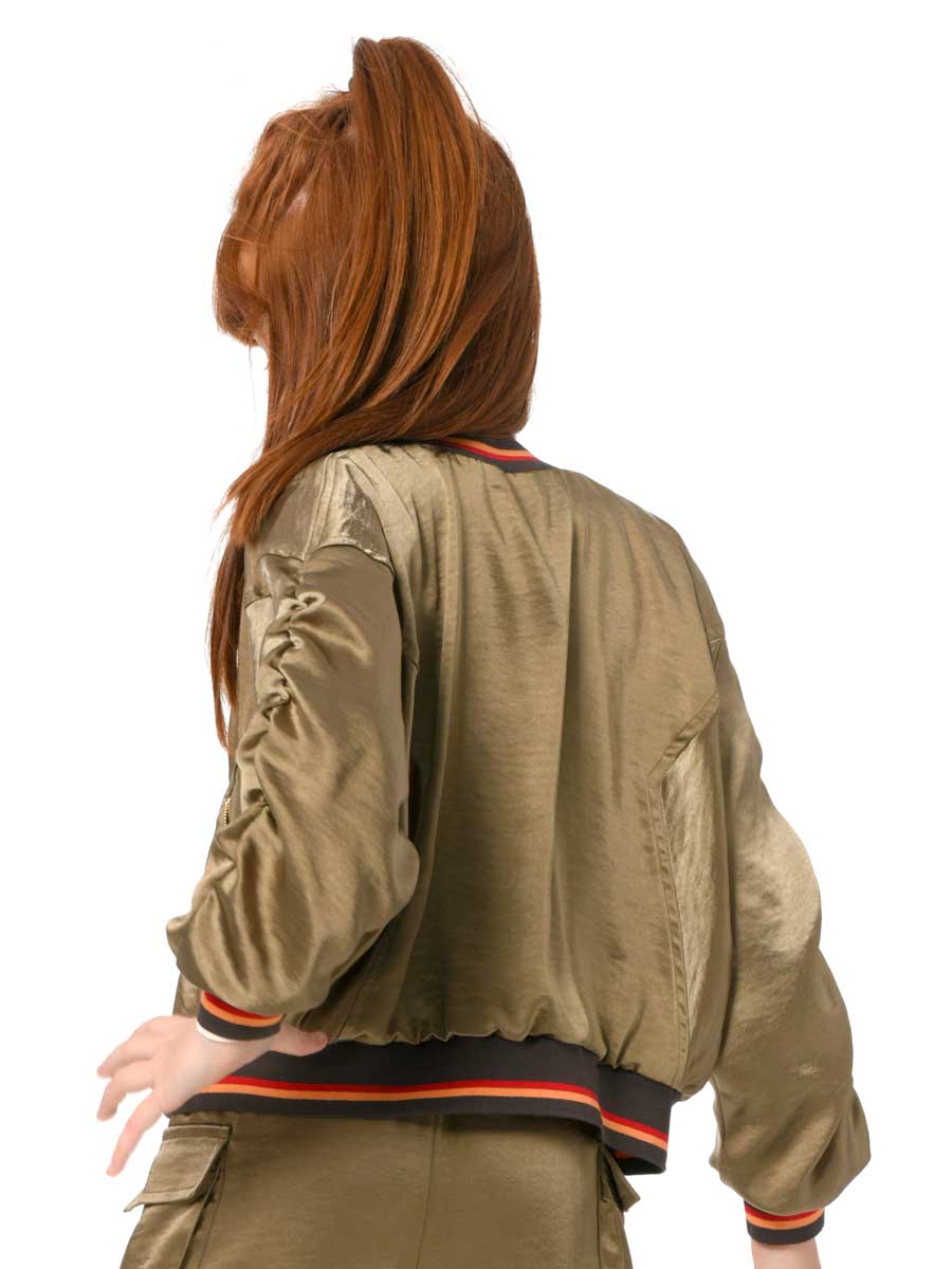 Girls Olive Satin Bomber Jacket