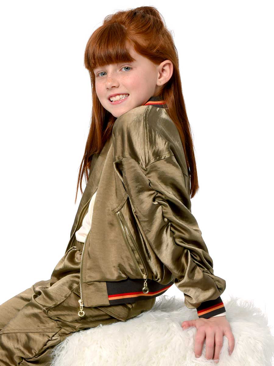 Girls Olive Satin Bomber Jacket