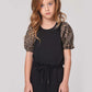 Girls Black Romper With Animal Print Sleeves