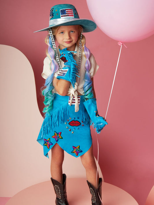 Americana Cowboy Skirt with Sequin Patches for Girls