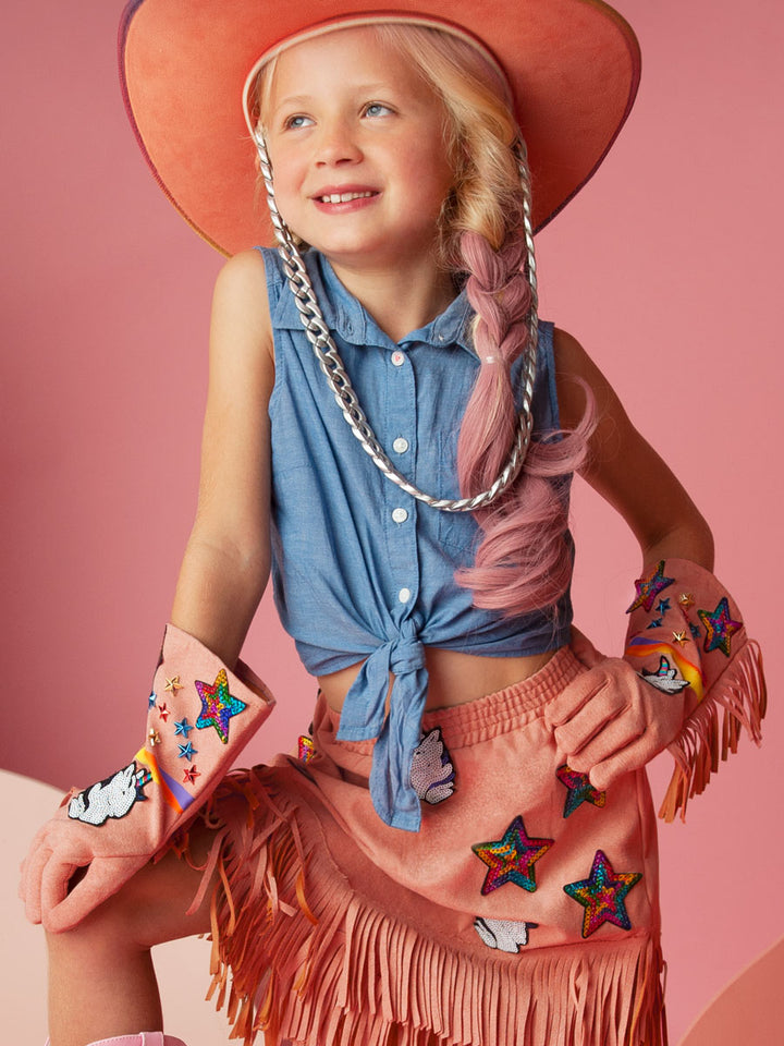 Unicorn Cowboy Gloves, Pink, with Sequin Patches
