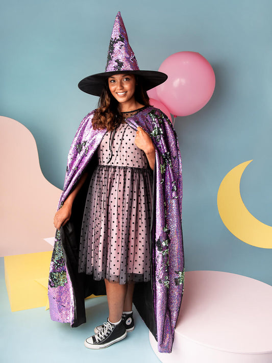 Sequin Witch Cape and Hat Set for Women