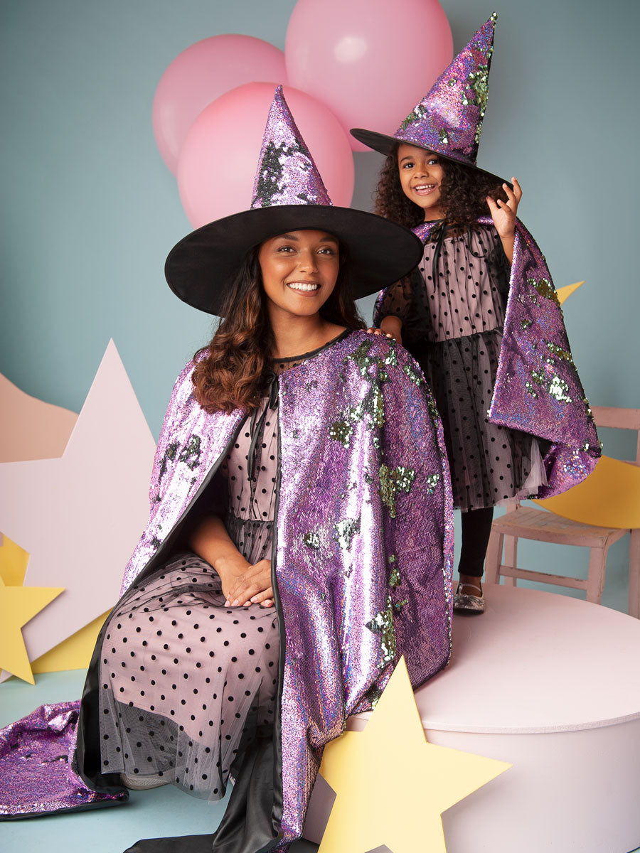 Sequin Witch Cape and Hat Set for Girls