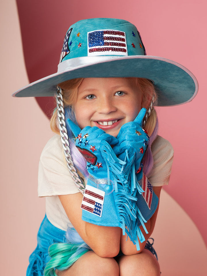 Blue Cowboy Hat with Sequin Patches for Girls