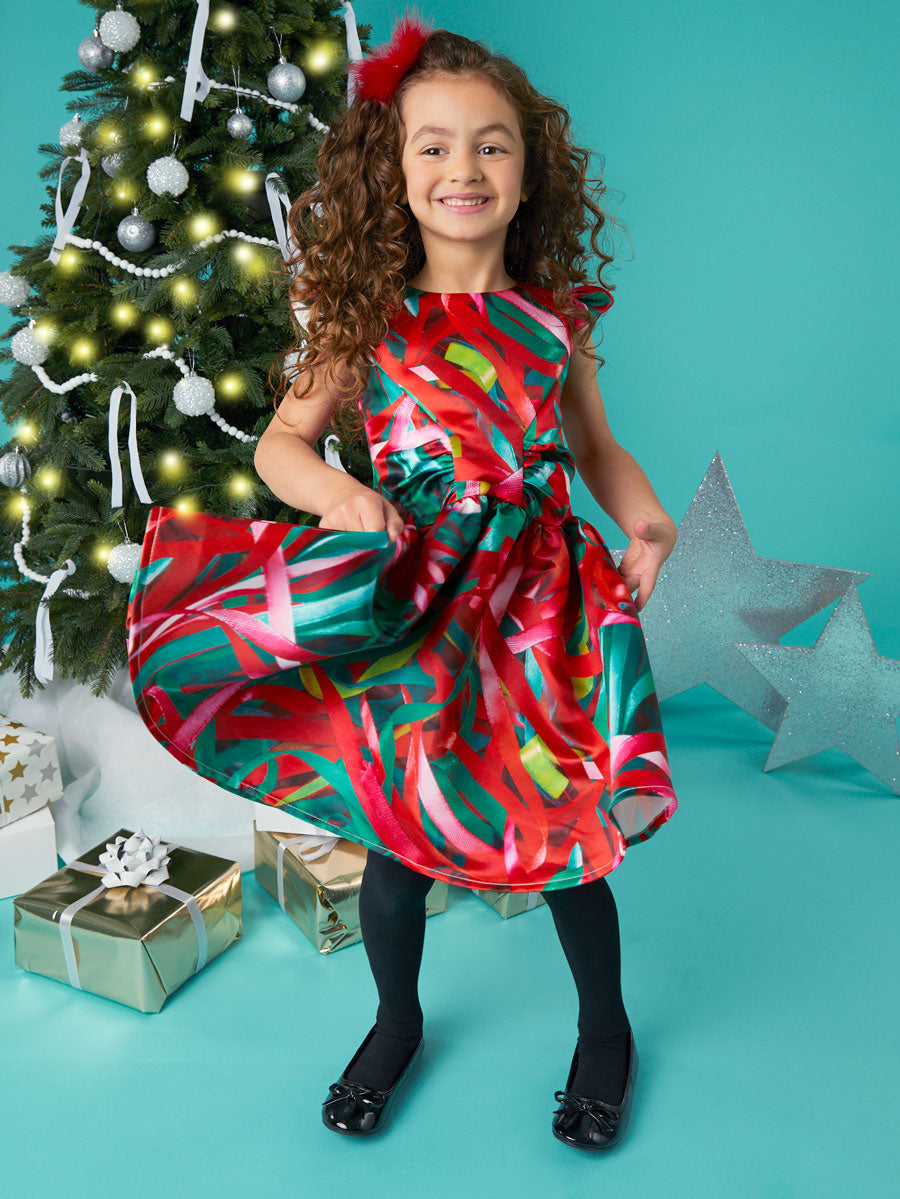 Scattered Ribbon Print Holiday Dress for Girls