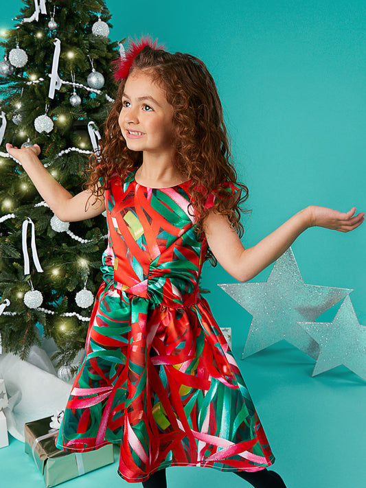 Scattered Ribbon Print Holiday Dress for Girls
