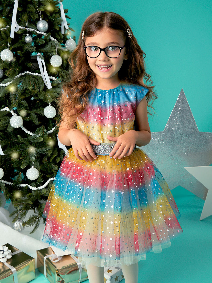 Iridescent Dot Rainbow Party Dress For Girls