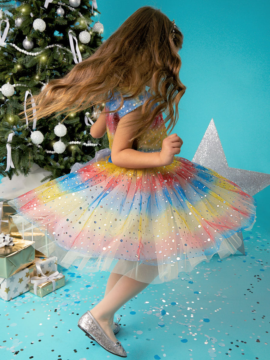 Iridescent Dot Rainbow Party Dress For Girls